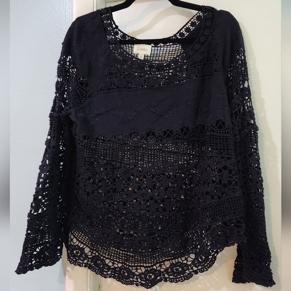 Women's Deletta Anthropologie Crochet Navy Blue Shirt, Size L - Picture 1 of 12